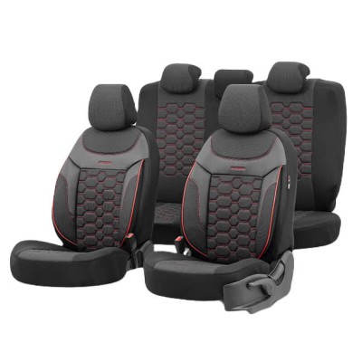 Καλύμματα Αυτοκινήτου Otom Carbon Design Universal Jacquard / Rachel / Δερματίνη Σετ Εμπρός / Πίσω Μαύρο - Κόκκινο CRB-3402 11 Τεμάχια - 11810 49376