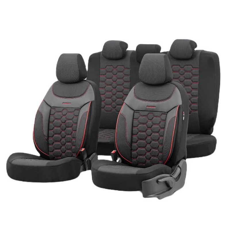 Καλύμματα Αυτοκινήτου Otom Carbon Design Universal Jacquard / Rachel / Δερματίνη Σετ Εμπρός / Πίσω Μαύρο - Κόκκινο CRB-3402 11 Τεμάχια - 11810 49376