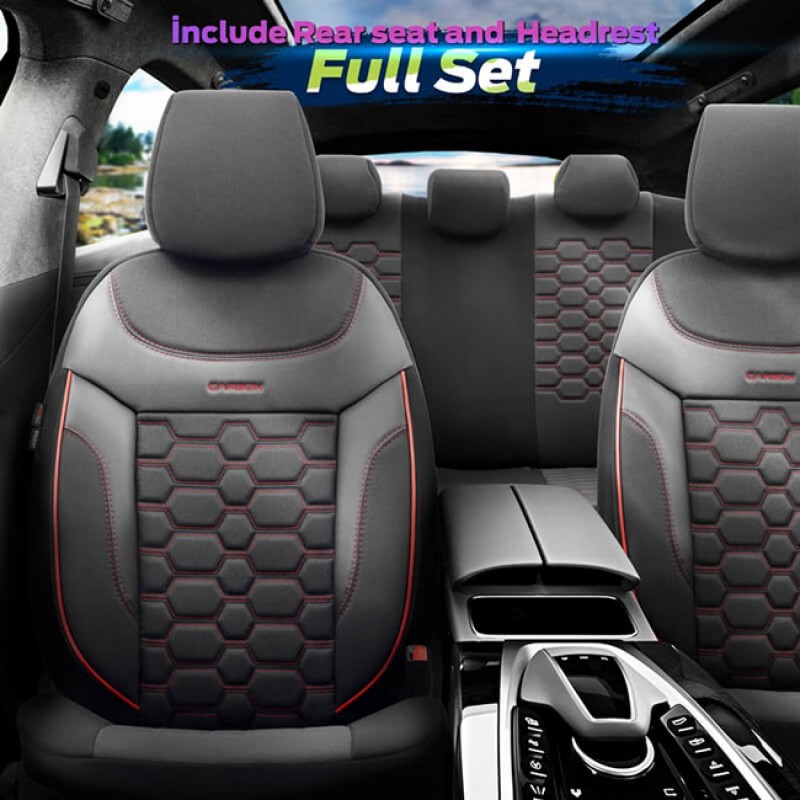 Καλύμματα Αυτοκινήτου Otom Carbon Design Universal Jacquard / Rachel / Δερματίνη Σετ Εμπρός / Πίσω Μαύρο - Κόκκινο CRB-3402 11 Τεμάχια - 11810 49376