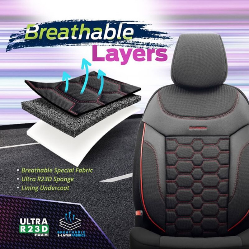 Καλύμματα Αυτοκινήτου Otom Carbon Design Universal Jacquard / Rachel / Δερματίνη Σετ Εμπρός / Πίσω Μαύρο - Κόκκινο CRB-3402 11 Τεμάχια - 11810 49376