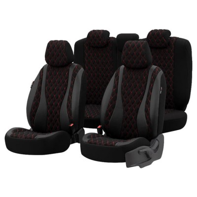 Καλύμματα Αυτοκινήτου Otom Emperor Design Universal Rachel / Δερματίνη Καπιτονέ Σετ Εμπρός / Πίσω Μαύρο Με Κόκκινο Κέντημα EMP-601 11 Τεμάχια - 11819 49388