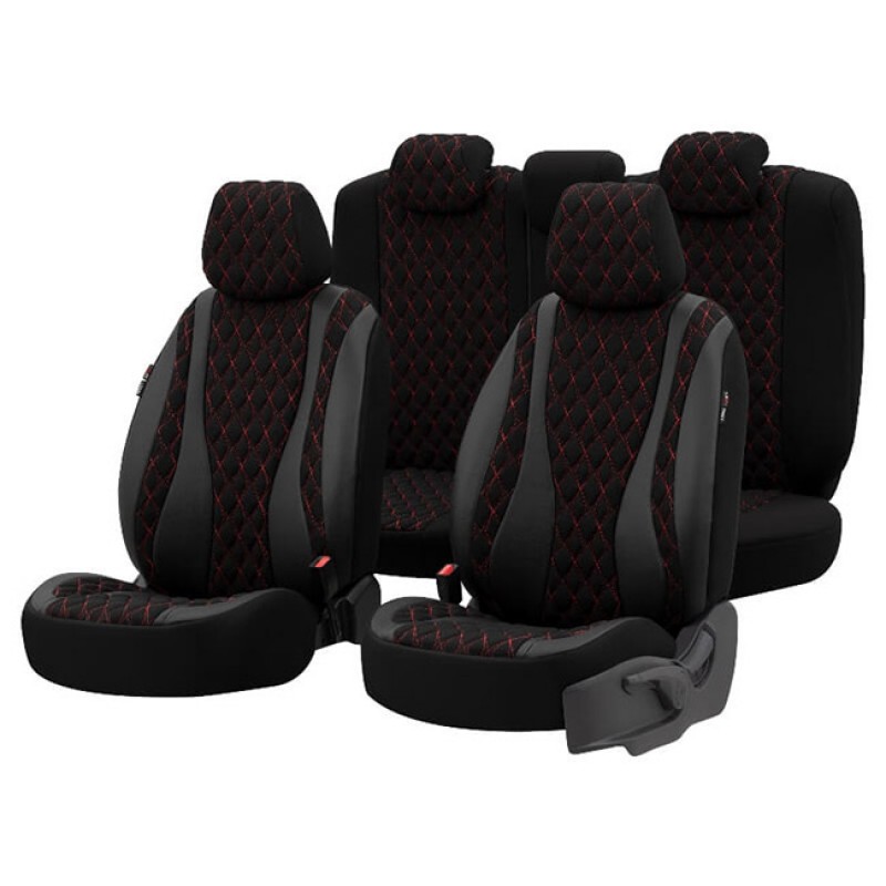 Καλύμματα Αυτοκινήτου Otom Emperor Design Universal Rachel / Δερματίνη Καπιτονέ Σετ Εμπρός / Πίσω Μαύρο Με Κόκκινο Κέντημα EMP-601 11 Τεμάχια - 11819 49388