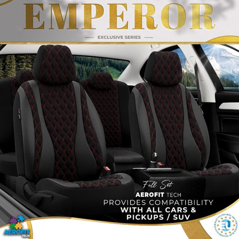 Καλύμματα Αυτοκινήτου Otom Emperor Design Universal Rachel / Δερματίνη Καπιτονέ Σετ Εμπρός / Πίσω Μαύρο Με Κόκκινο Κέντημα EMP-601 11 Τεμάχια - 11819 49388