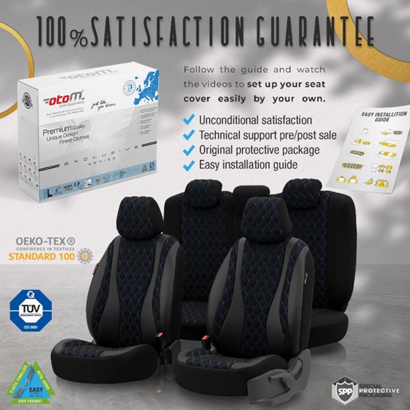 Καλύμματα Αυτοκινήτου Otom Emperor Design Universal Rachel / Δερματίνη Καπιτονέ Σετ Εμπρός / Πίσω Μαύρο Με Μπλε Κέντημα EMP-603 11 Τεμάχια - 11821 49386