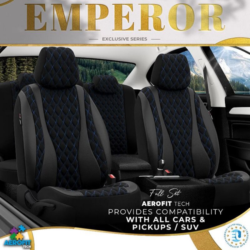 Καλύμματα Αυτοκινήτου Otom Emperor Design Universal Rachel / Δερματίνη Καπιτονέ Σετ Εμπρός / Πίσω Μαύρο Με Μπλε Κέντημα EMP-603 11 Τεμάχια - 11821 49386