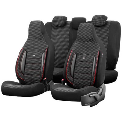 Καλύμματα Αυτοκινήτου Otom Sport Plus City Design Universal Βαμβακερό Ύφασμα / Rachel / Δερματίνη Σετ Εμπρός / Πίσω  Με Ενσωματωμένα Προσκέφαλα Μαύρο Με Κόκκινο Κέντημα SPTPLS-102CTY 11 Τεμαχίων1 - 11863 50985
