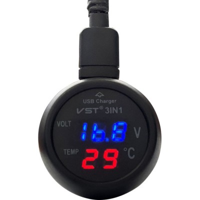 Βολτόμετρο, Θερμόμετρο Και Φορτιστής Αυτοκινήτου Με USB Μαύρο Με Κόκκινα Και Μπλε Νούμερα 1Τμχ - 99103 40653