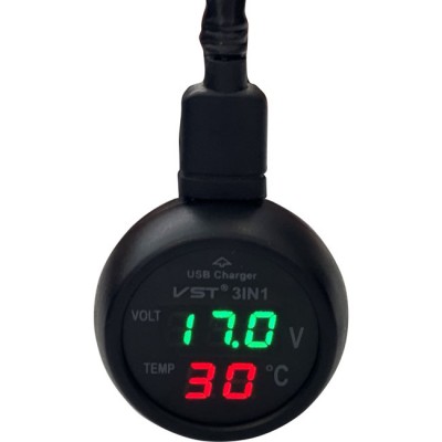 Βολτόμετρο, Θερμόμετρο Και Φορτιστής Αυτοκινήτου Με USB Μαύρο Με Κόκκινα Και Πράσινα Νούμερα 1Τμχ - 99162 48129