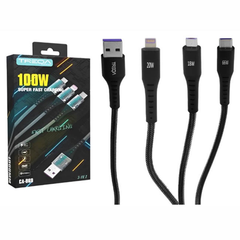 Καλώδιο USB Φόρτισης Και Μεταφοράς Δεδομένων 3πλό Για Smartphone, Type-C Και Iphone 5A 1Τμχ - 99516 47836