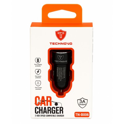 Φορτιστής Αναπτήρα Αυτοκινήτου Technovo TN-B006 Με 2 Θύρες USB 12-24V 3A Μαύρος 1 Τεμάχιο - 99527 48403